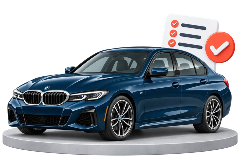 Modré BMW na plošine vedľa kontrolného zoznamu